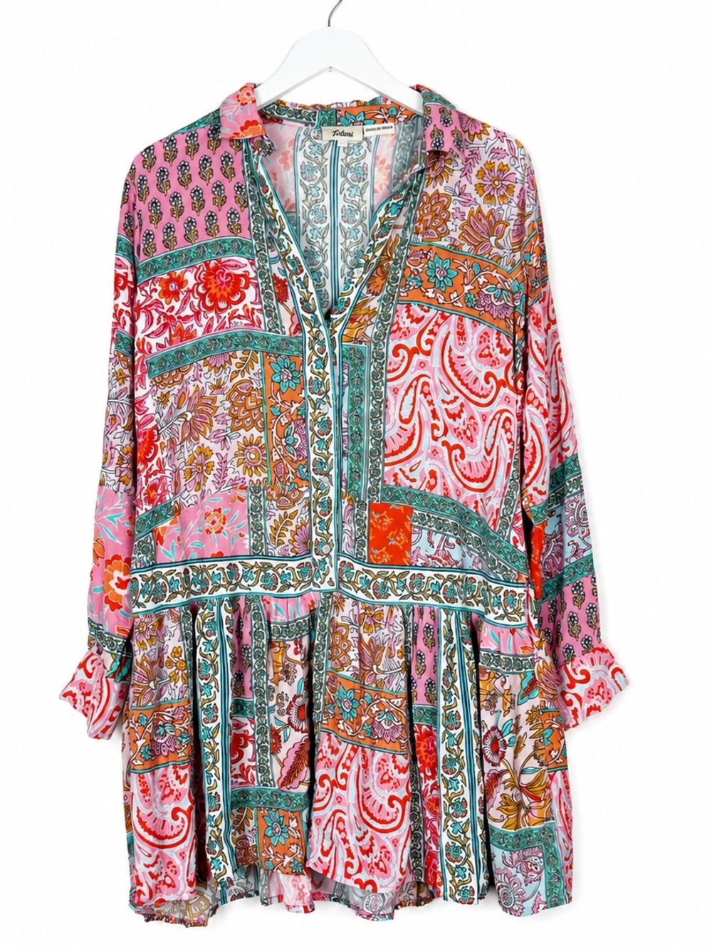 Tolani floral patchwork long sleeve half button shirt style mini dress whimsy L